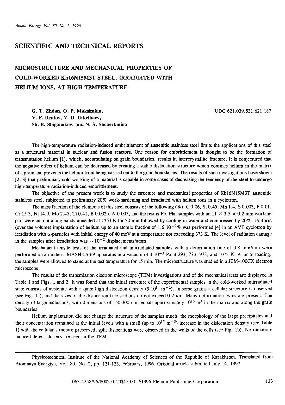 Microstructure and mechanical properties of cold-worked Kh16N15M3T steel, irradiated with helium ions, at high temperature by Unknown