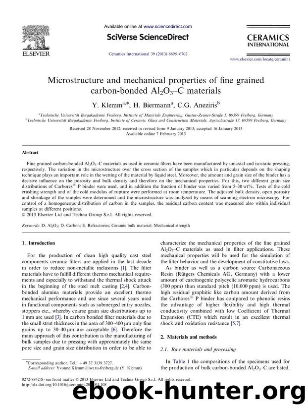 Microstructure and mechanical properties of fine grained carbon-bonded Al2O3amp#x02013;C materials by Y. Klemm & H. Biermann & C.G. Aneziris