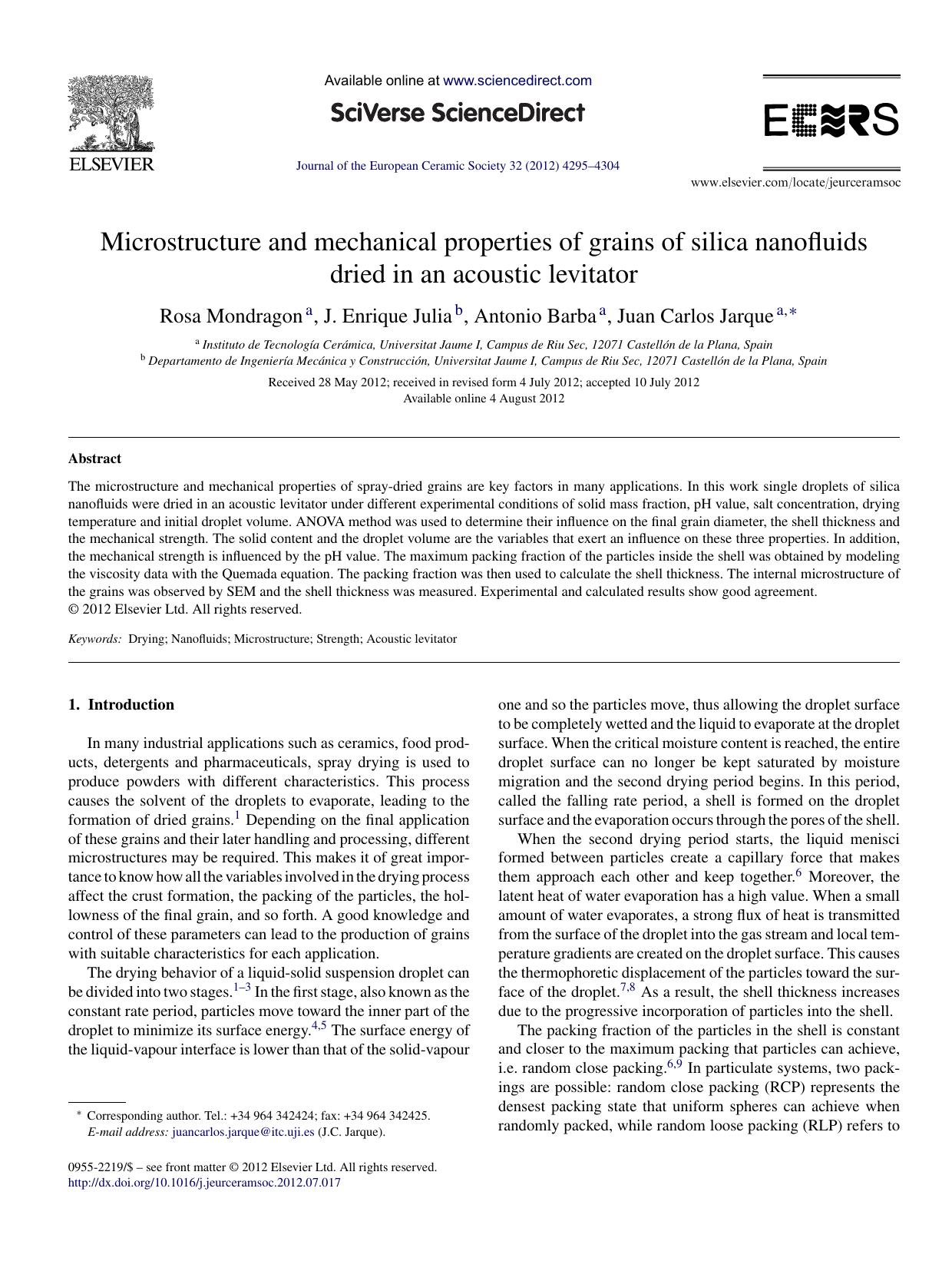 Microstructure and mechanical properties of grains of silica nanofluids dried in an acoustic levitator by Rosa Mondragon