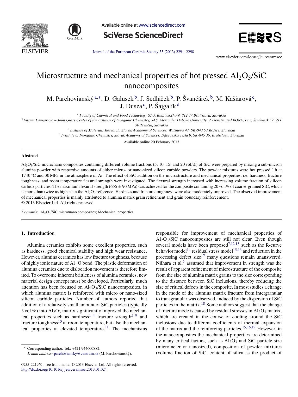 Microstructure and mechanical properties of hot pressed Al2O3SiC nanocomposites by unknow