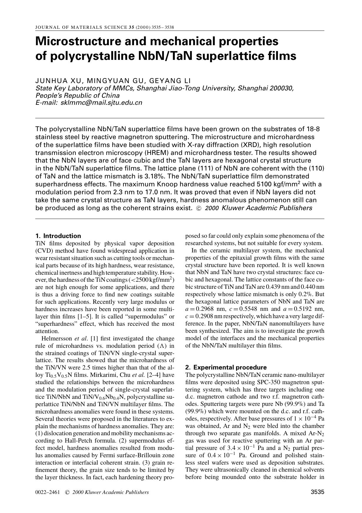 Microstructure and mechanical properties of polycrystalline NbNTaN superlattice films by Unknown