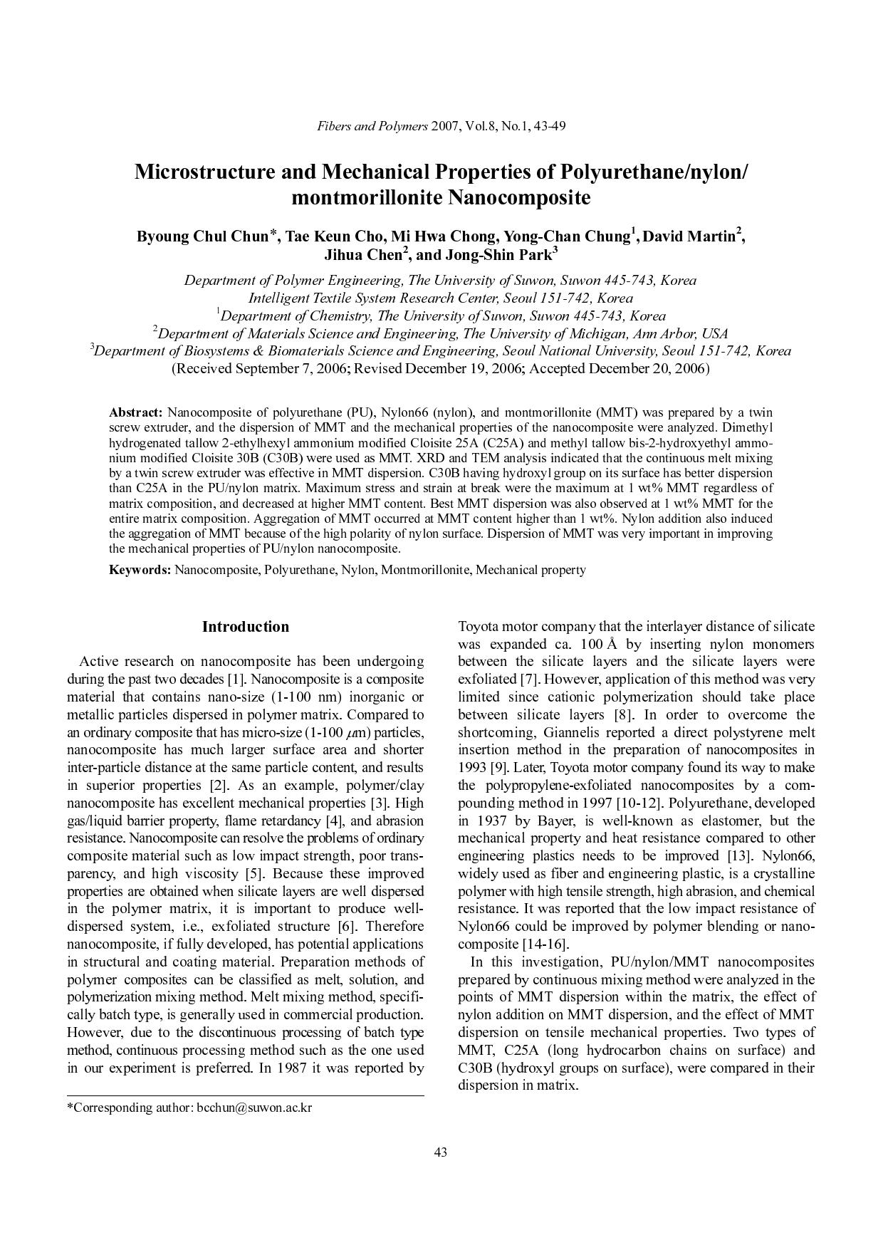 Microstructure and mechanical properties of polyurethanenylonmontmorillonite nanocomposite by Unknown