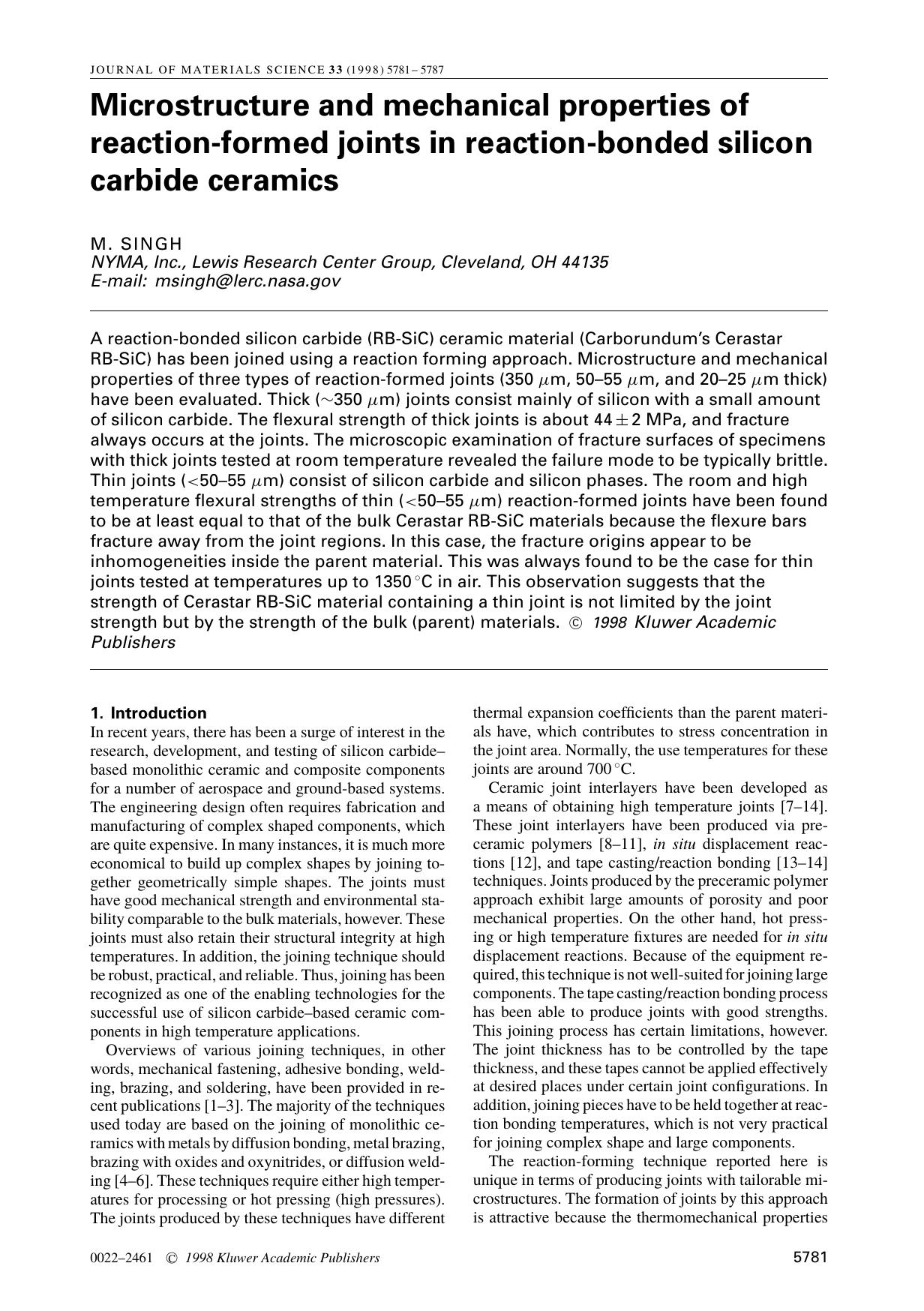 Microstructure and mechanical properties of reaction-formed joints in reaction-bonded silicon carbide ceramics by Unknown