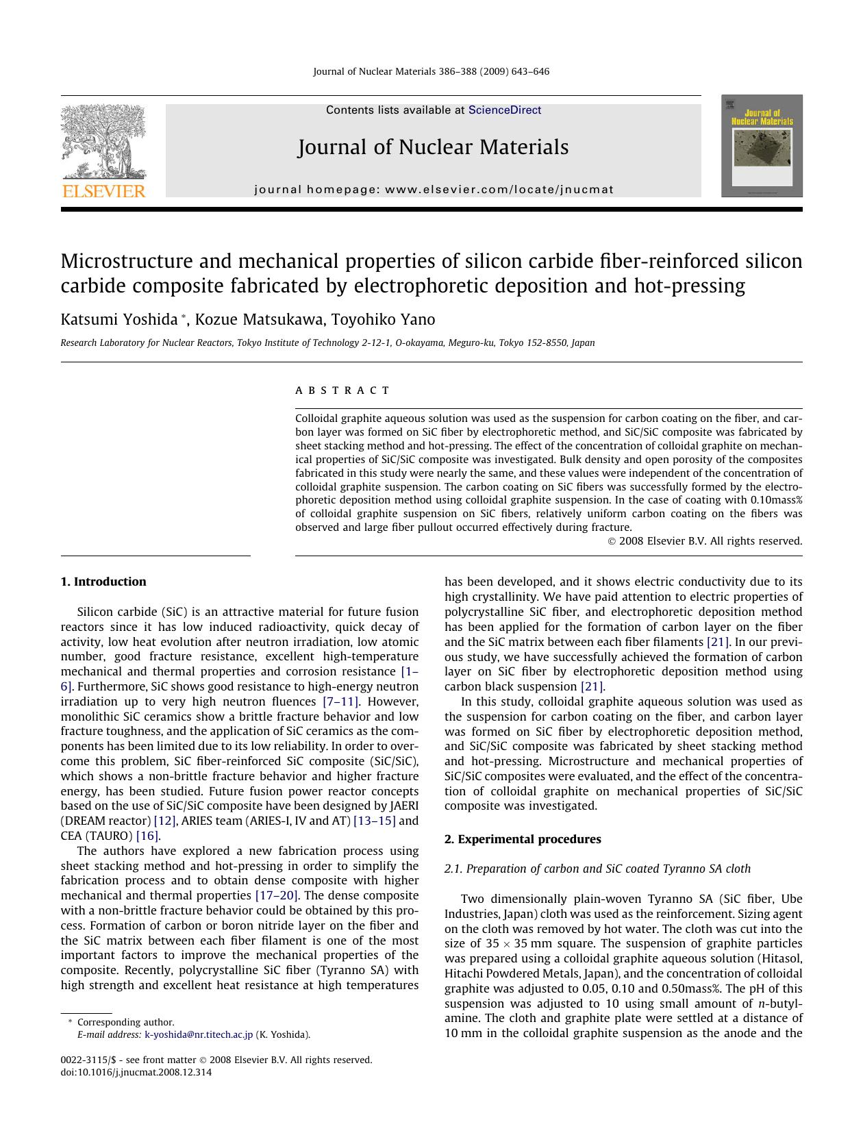 Microstructure and mechanical properties of silicon carbide fiber-reinforced silicon carbide composite fabricated by electrophoretic deposition and hot-pressing by Katsumi Yoshida; Kozue Matsukawa; Toyohiko Yano