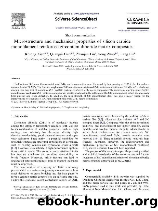 Microstructure and mechanical properties of silicon carbide monofilament reinforced zirconium diboride matrix composites by Kesong Xiao & Quangui Guo & Zhanjun Liu & Song Zhao & Lang Liu
