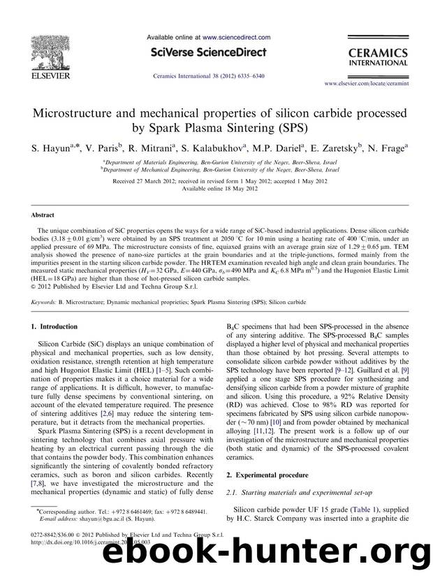 Microstructure and mechanical properties of silicon carbide processed by Spark Plasma Sintering (SPS) by S. Hayun & V. Paris & R. Mitrani & S. Kalabukhov & M.P. Dariel & E. Zaretsky & N. Frage