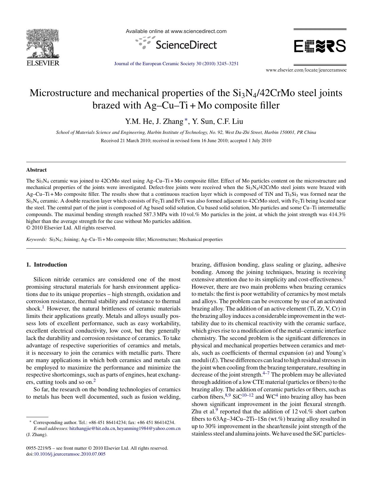 Microstructure and mechanical properties of the Si3N442CrMo steel joints brazed with AgÃ¢â¬âCuÃ¢â¬âTi+Mo composite filler by Y.M. He