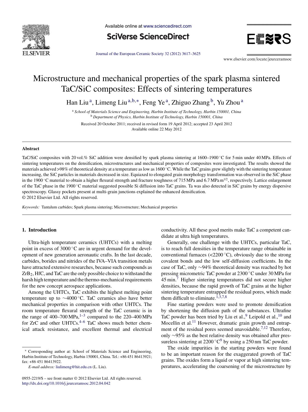 Microstructure and mechanical properties of the spark plasma sintered TaCSiC composites: Effects of sintering temperatures by Han Liu