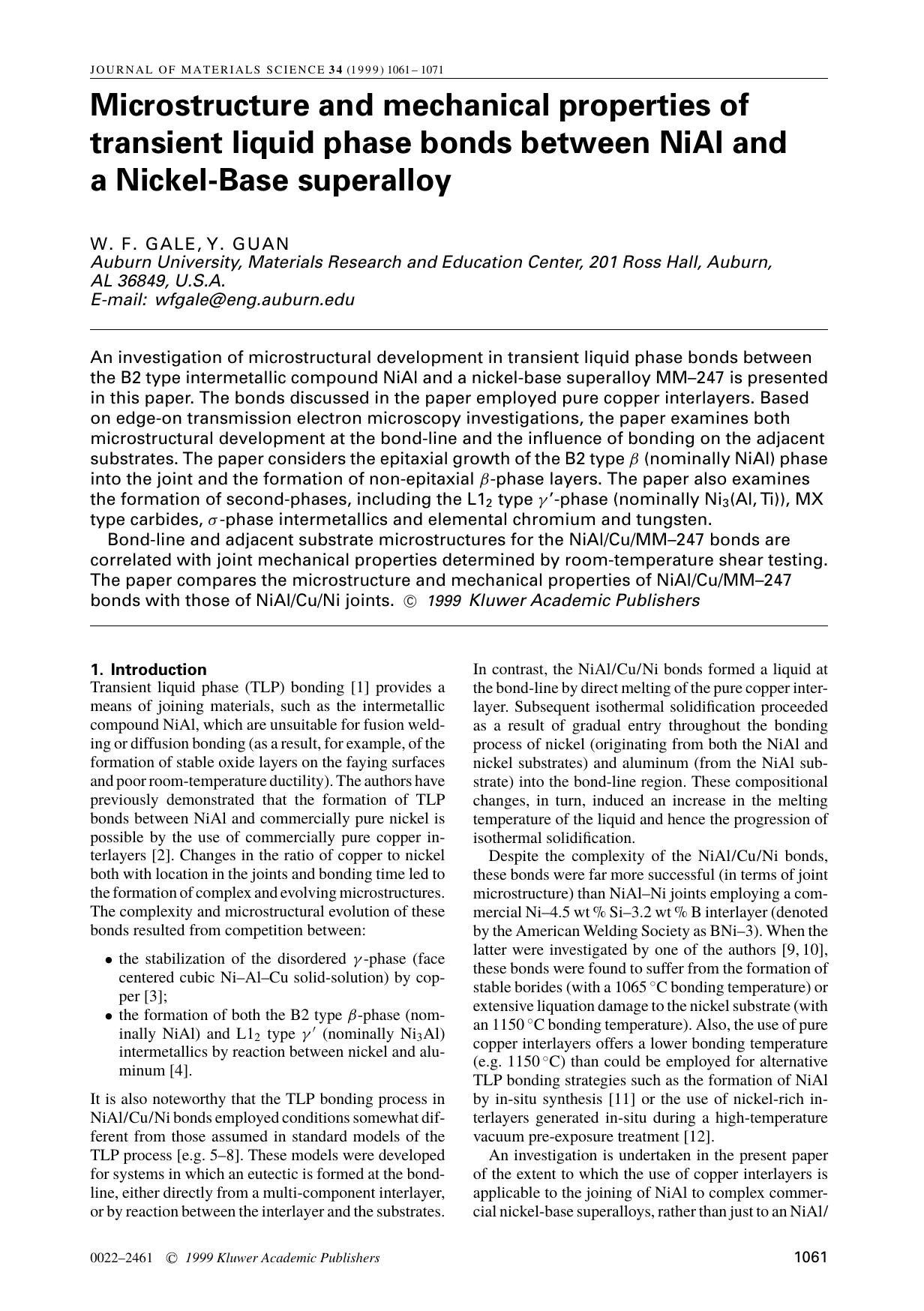 Microstructure and mechanical properties of transient liquid phase bonds between NiAl and a Nickel-Base superalloy by Unknown