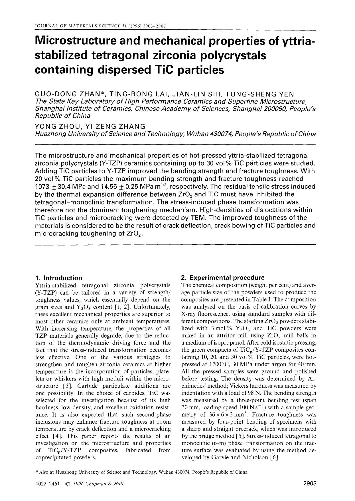 Microstructure and mechanical properties of yttria-stabilized tetragonal zirconia polycrystals containing dispersed TiC particles by Unknown
