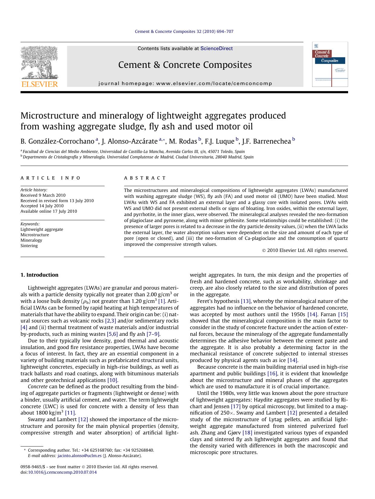 Microstructure and mineralogy of lightweight aggregates produced from washing aggregate sludge, fly ash and used motor oil by B. GonzÃ¡lez-Corrochano & J. Alonso-Azcárate & M. Rodas & F.J. Luque & J.F. Barrenechea