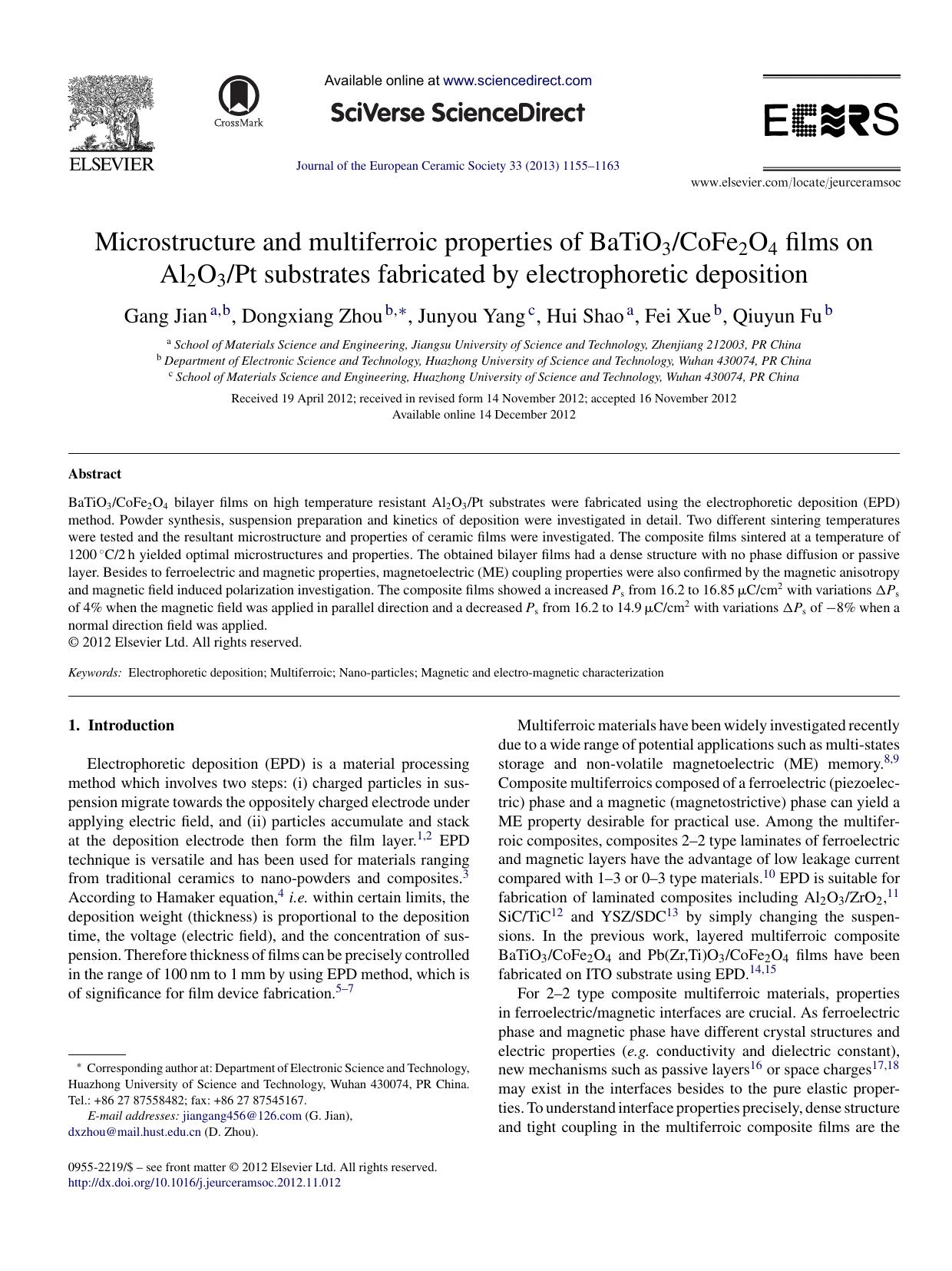 Microstructure and multiferroic properties of BaTiO3CoFe2O4 films on Al2O3Pt substrates fabricated by electrophoretic deposition by Gang Jian
