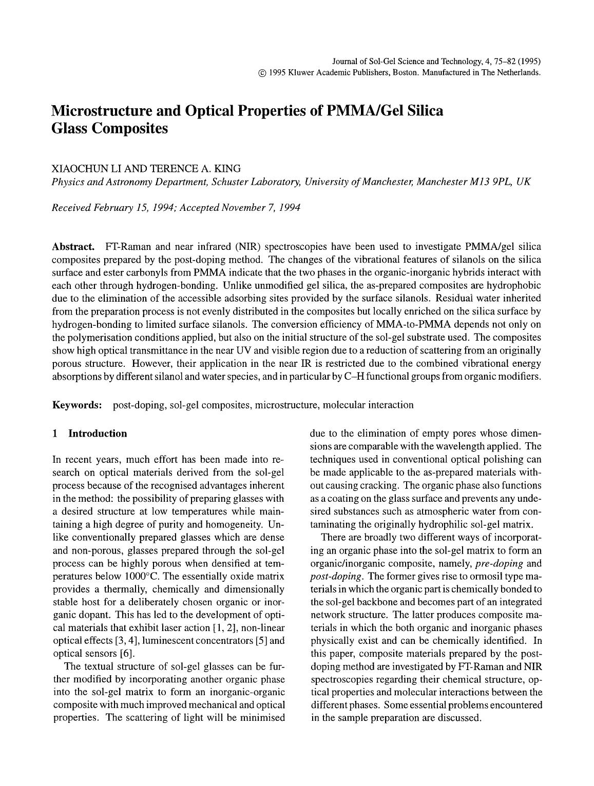Microstructure and optical properties of PMMAgel silica glass composites by Unknown