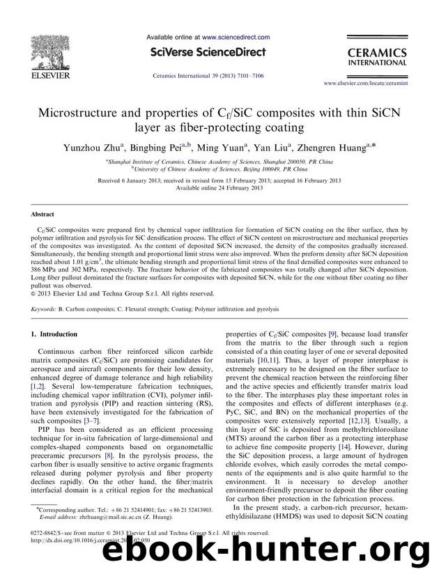 Microstructure and properties of CfSiC composites with thin SiCN layer as fiber-protecting coating by Yunzhou Zhu & Bingbing Pei & Ming Yuan & Yan Liu & Zhengren Huang