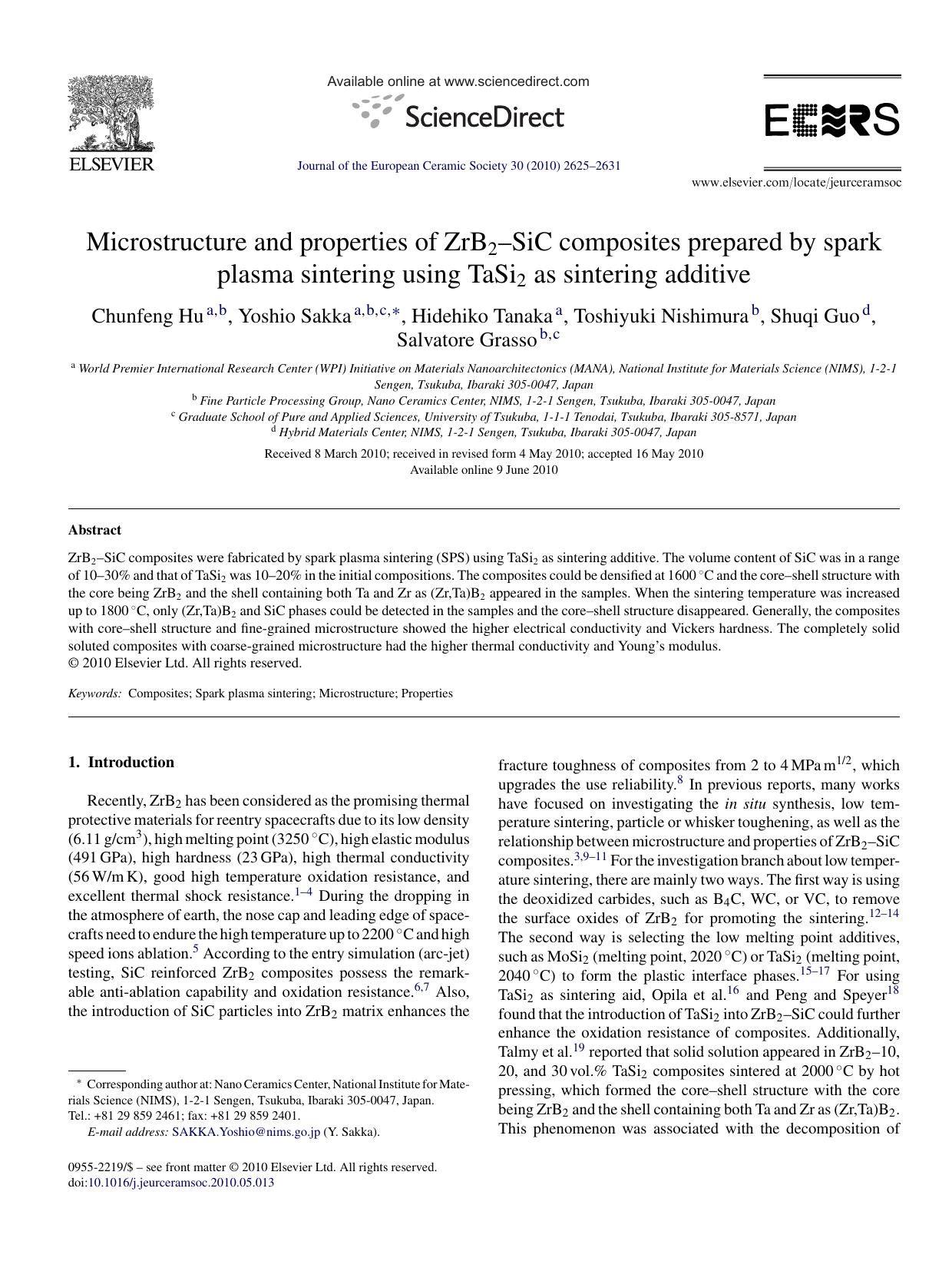 Microstructure and properties of ZrB2Ã¢â¬âSiC composites prepared by spark plasma sintering using TaSi2 as sintering additive by Chunfeng Hu; Yoshio Sakka; Hidehiko Tanaka; Toshiyuki Nishimura; Shuqi Guo; Salvatore Grasso