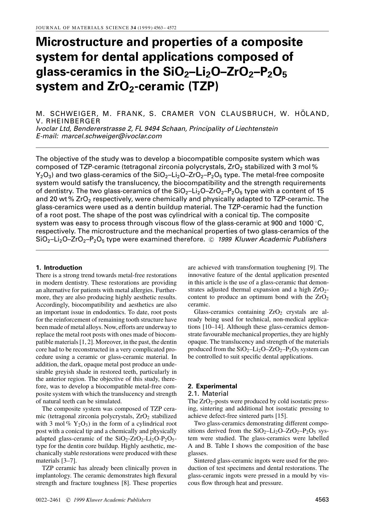 Microstructure and properties of a composite system for dental applications composed of glass-ceramics in the SiO2–Li2O–ZrO2–P2O5 system and ZrO2-ceramic (TZP) by Unknown