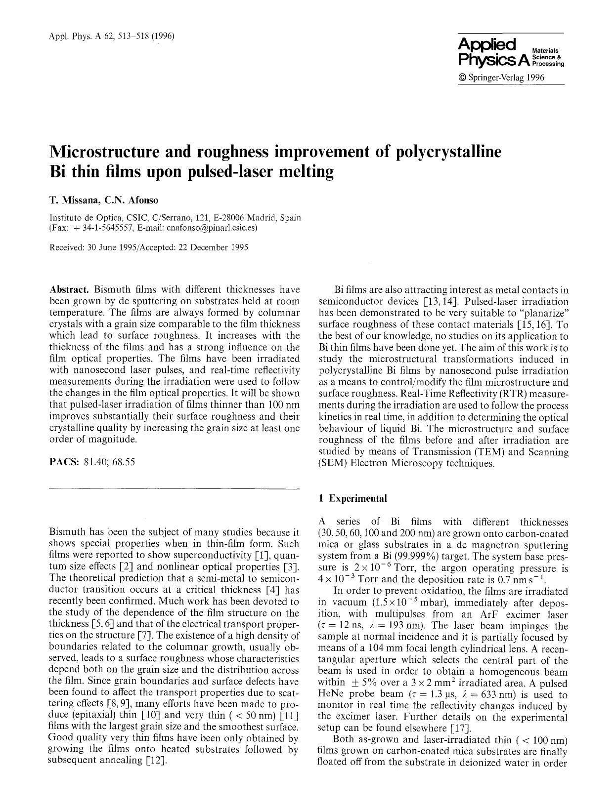 Microstructure and roughness improvement of polycrystalline Bi thin films upon pulsed-laser melting by Unknown