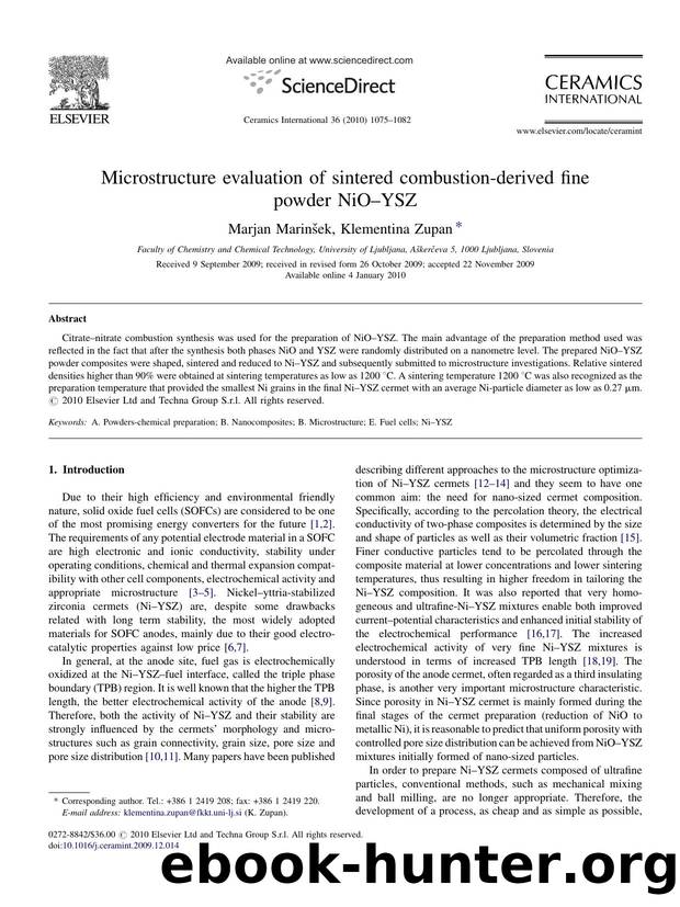 Microstructure evaluation of sintered combustion-derived fine powder NiOÃ¢â¬âYSZ by Marjan MarinÅ¡ek; Klementina Zupan