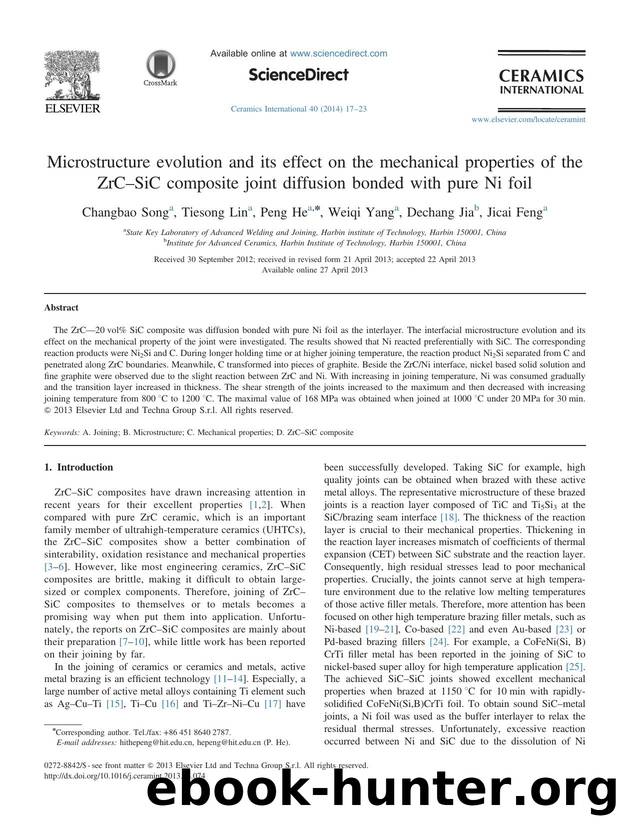Microstructure evolution and its effect on the mechanical properties of the ZrCâSiC composite joint diffusion bonded with pure Ni foil by Changbao Song & Tiesong Lin & Peng He & Weiqi Yang & Dechang Jia & Jicai Feng