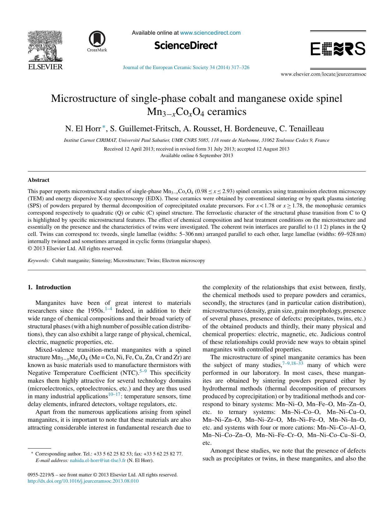 Microstructure of single-phase cobalt and manganese oxide spinel Mn3âxCoxO4 ceramics by N. El Horr & S. Guillemet-Fritsch & A. Rousset & H. Bordeneuve & C. Tenailleau