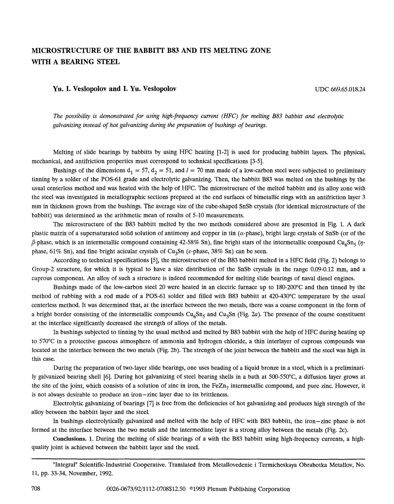 Microstructure of the babbitt B83 and its melting zone with a bearing steel by Unknown