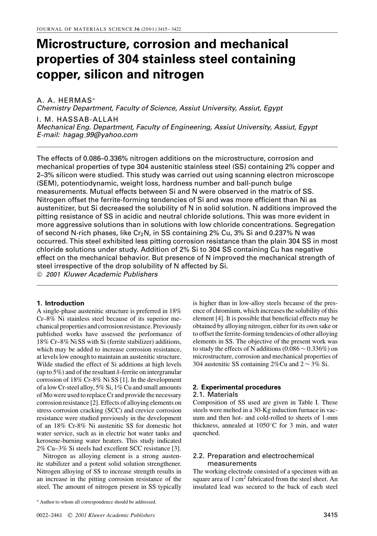 Microstructure, corrosion and mechanical properties of 304 stainless steel containing copper, silicon and nitrogen by Unknown