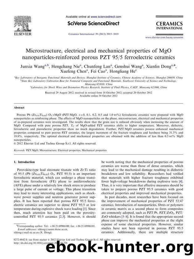Microstructure, electrical and mechanical properties of MgO nanoparticles-reinforced porous PZT 955 ferroelectric ceramics by unknow