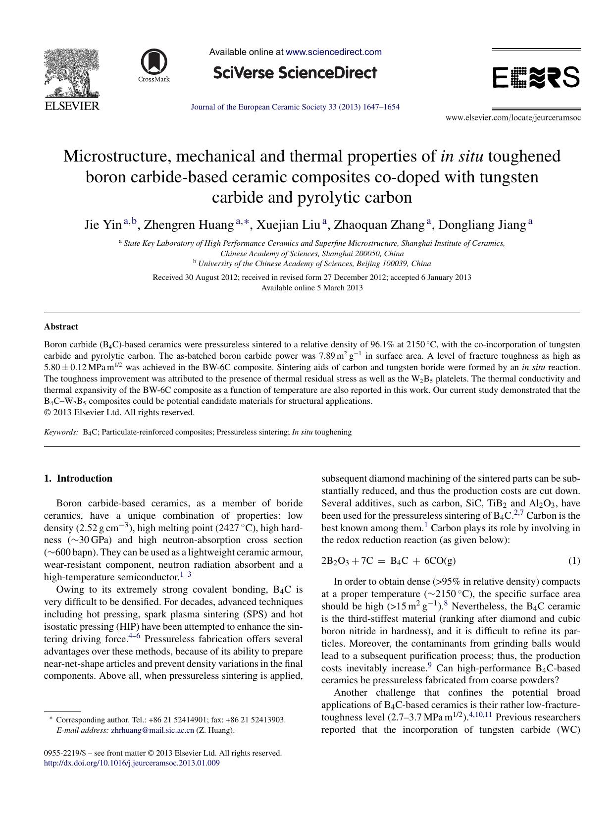 Microstructure, mechanical and thermal properties of in situ toughened boron carbide-based ceramic composites co-doped with tungsten carbide and pyrolytic carbon by Jie Yin