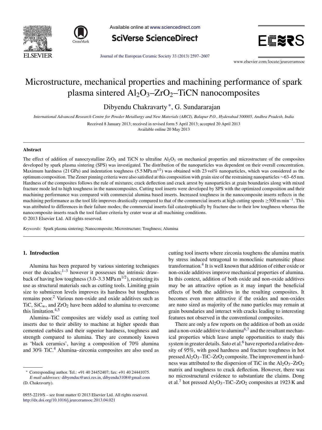 Microstructure, mechanical properties and machining performance of spark plasma sintered Al2O3âZrO2âTiCN nanocomposites by Dibyendu Chakravarty