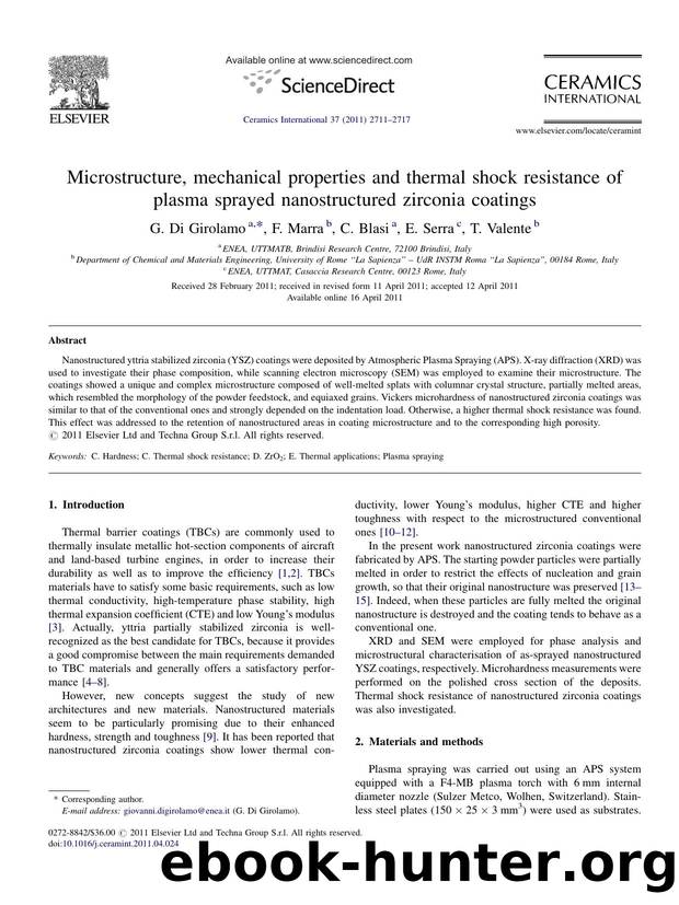Microstructure, mechanical properties and thermal shock resistance of plasma sprayed nanostructured zirconia coatings by G. Di Girolamo