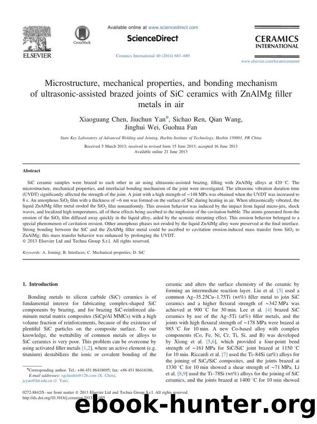 Microstructure, mechanical properties, and bonding mechanism of ultrasonic-assisted brazed joints of SiC ceramics with ZnAlMg filler metals in air by Xiaoguang Chen & Jiuchun Yan & Sichao Ren & Qian Wang & Jinghui Wei & Guohua Fan