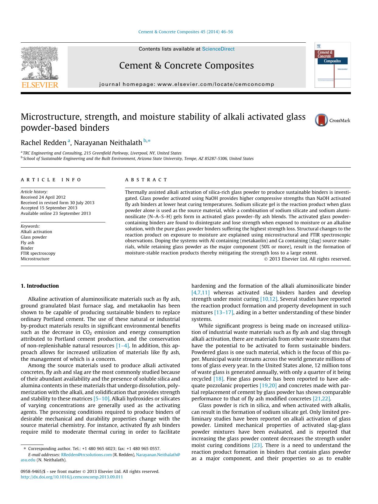 Microstructure, strength, and moisture stability of alkali activated glass powder-based binders by Rachel Redden & Narayanan Neithalath