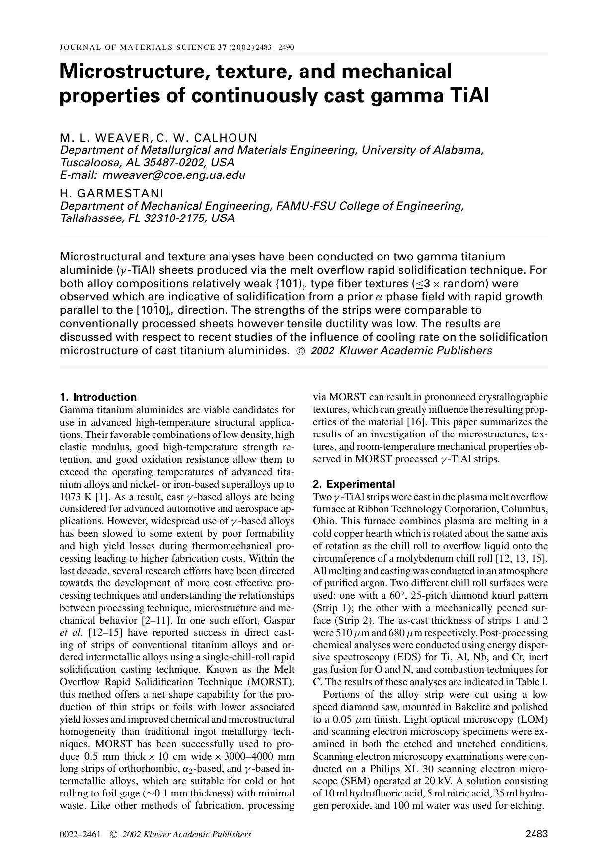 Microstructure, texture, and mechanical properties of continuously cast gamma TiAl by Unknown