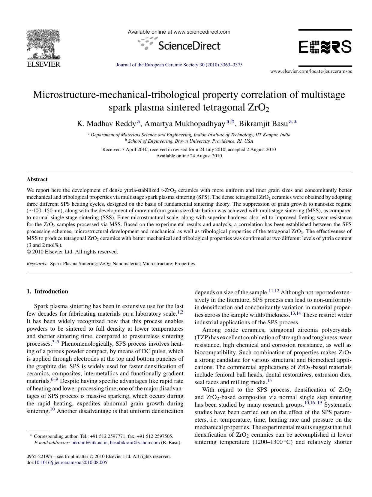 Microstructure-mechanical-tribological property correlation of multistage spark plasma sintered tetragonal ZrO2 by K. Madhav Reddy
