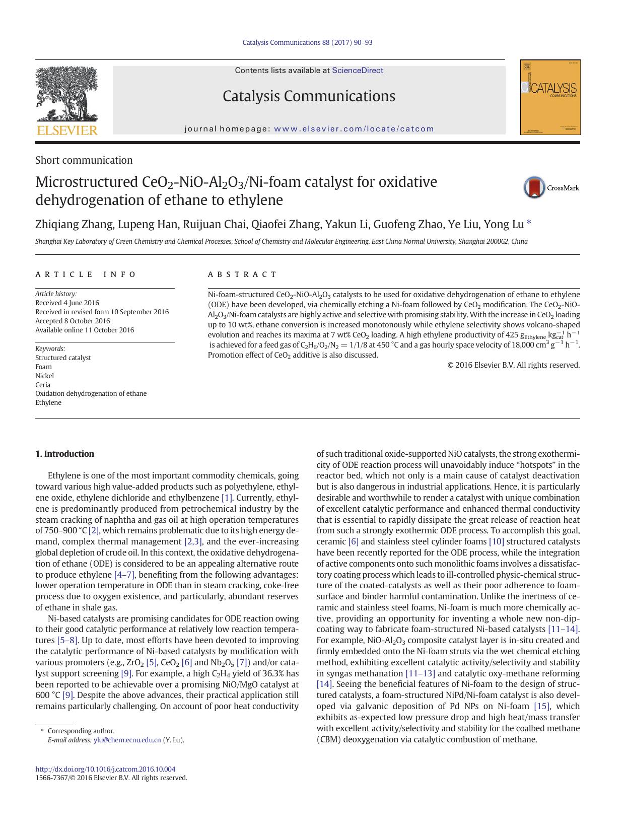 Microstructured CeO2-NiO-Al2O3Ni-foam catalyst for oxidative dehydrogenation of ethane to ethylene by unknow