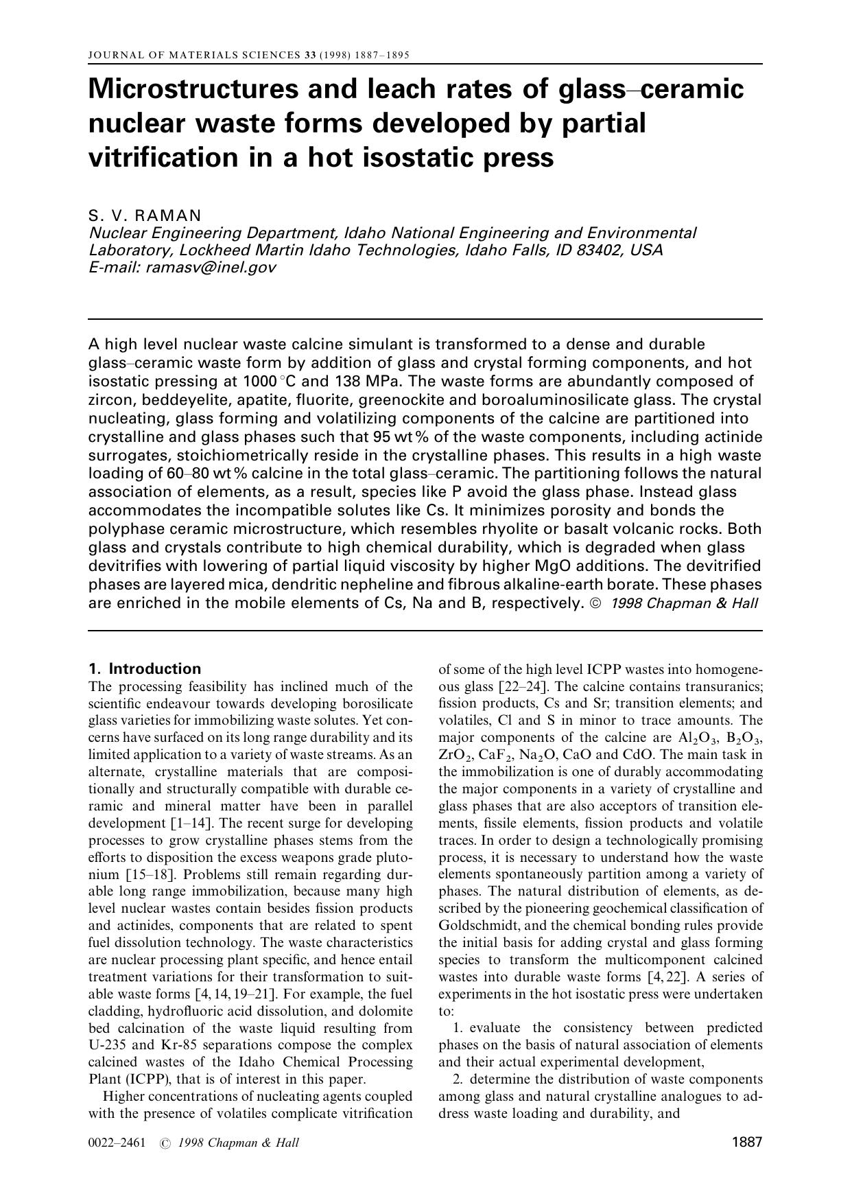 Microstructures and leach rates of glass-ceramic nuclear waste forms developed by partial vitrification in a hot isostatic press by S. V. RAMAN