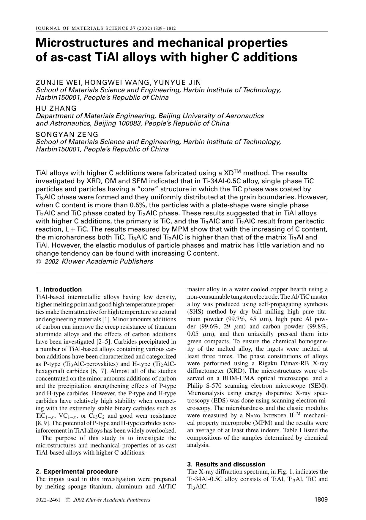 Microstructures and mechanical properties of as-cast TiAl alloys with higher C additions by Unknown