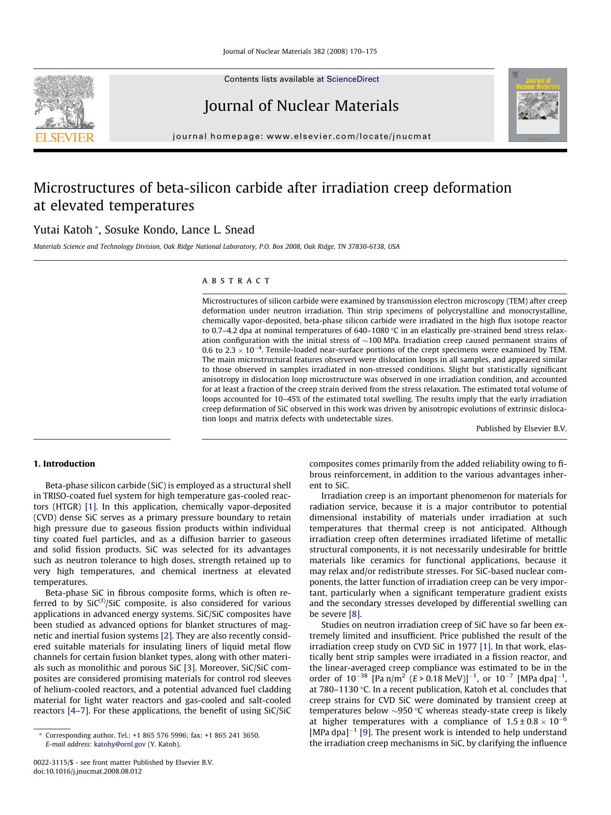 Microstructures of beta-silicon carbide after irradiation creep deformation at elevated temperatures by Yutai Katoh; Sosuke Kondo; Lance L. Snead