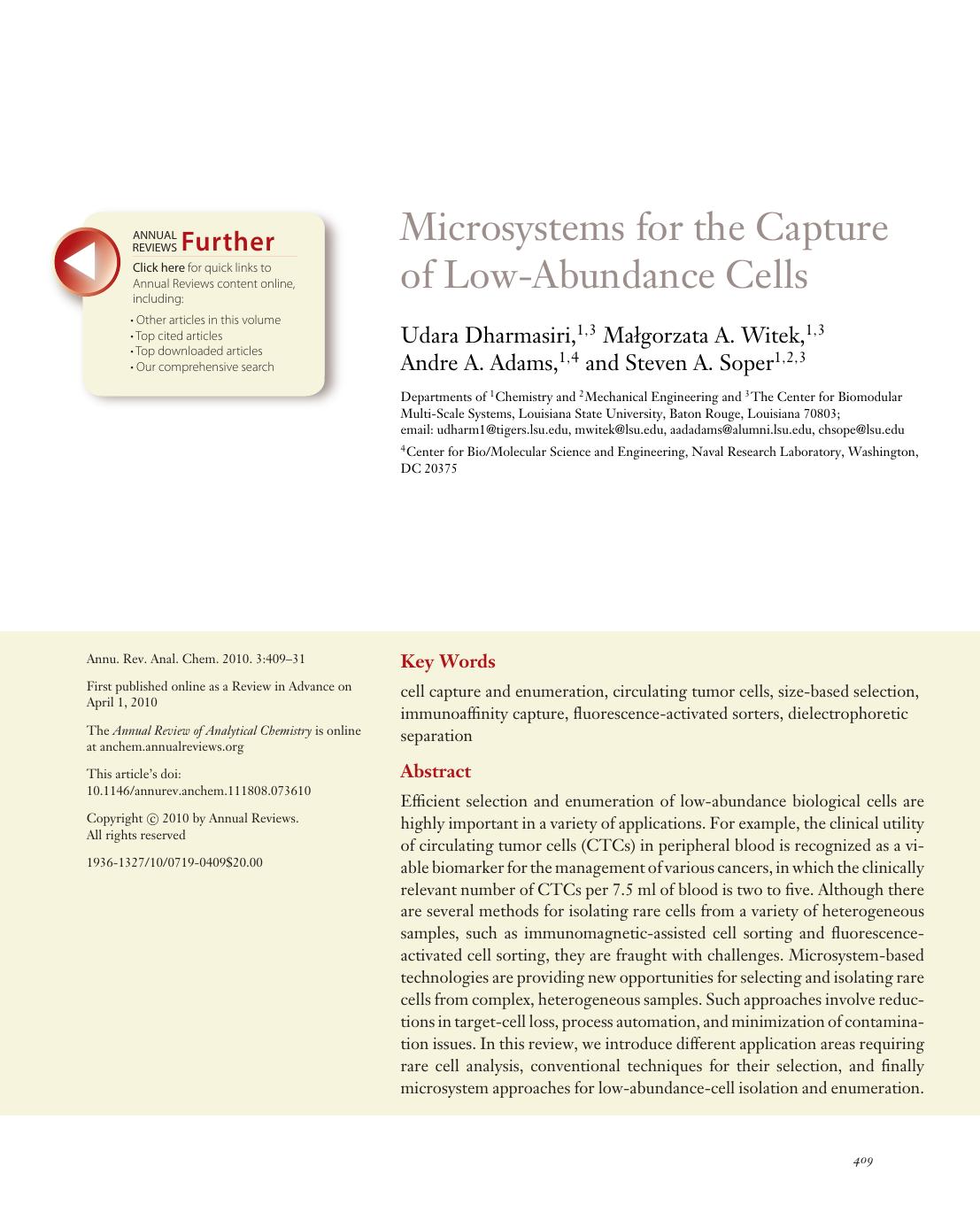 Microsystems for the Capture of Low-Abundance Cells by Udara Dharmasiri 1 3 Małgorzata A. Witek 1 3 Andre A. Adams 1 4 and Steven A. Soper1 2 3