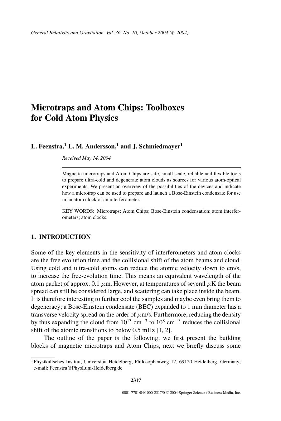 Microtraps and Atom Chips: Toolboxes for Cold Atom Physics by Unknown