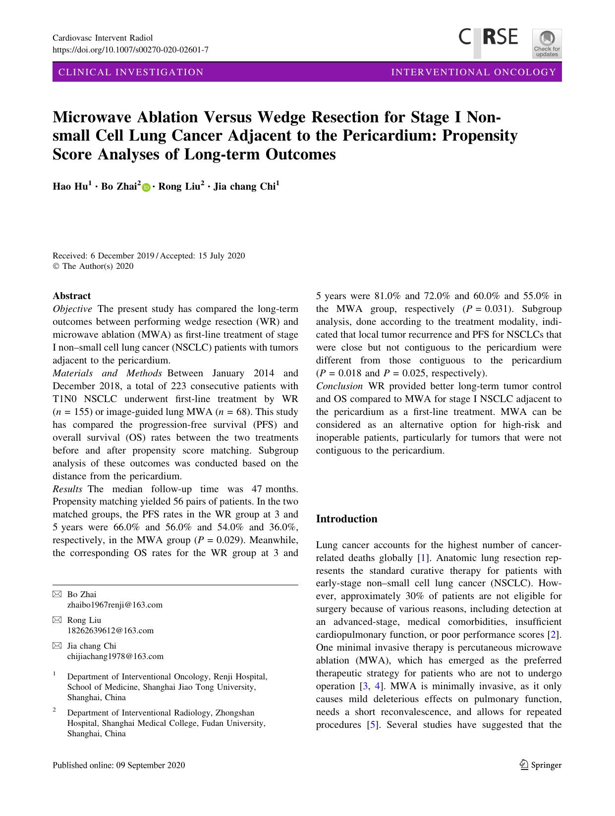 Microwave Ablation Versus Wedge Resection for Stage I Non-small Cell Lung Cancer Adjacent to the Pericardium: Propensity Score Analyses of Long-term Outcomes by Hao Hu & Bo Zhai & Rong Liu & Jia chang Chi