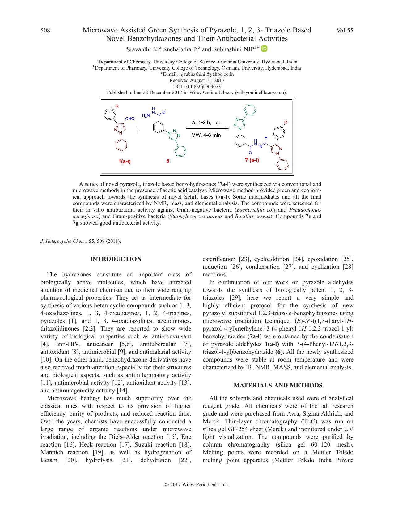 Microwave Assisted Green Synthesis of Pyrazole, 1, 2, 3- Triazole Based Novel Benzohydrazones and Their Antibacterial Activities by Sravanthi K Snehalatha P NJP Subhashini