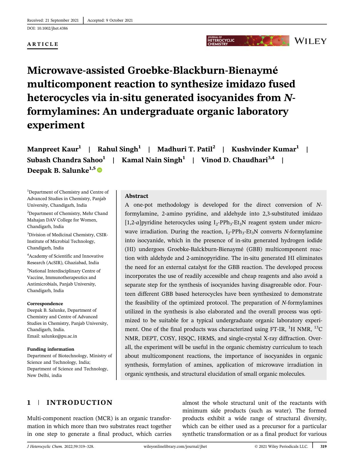Microwave Assisted Groebke-Blackburn-BienaymÃ© Multicomponent Reaction to Synthesize Imidazo Fused Heterocycles via in-situ Generated Isocyanides from N-formylamines: An Undergradu by Unknown
