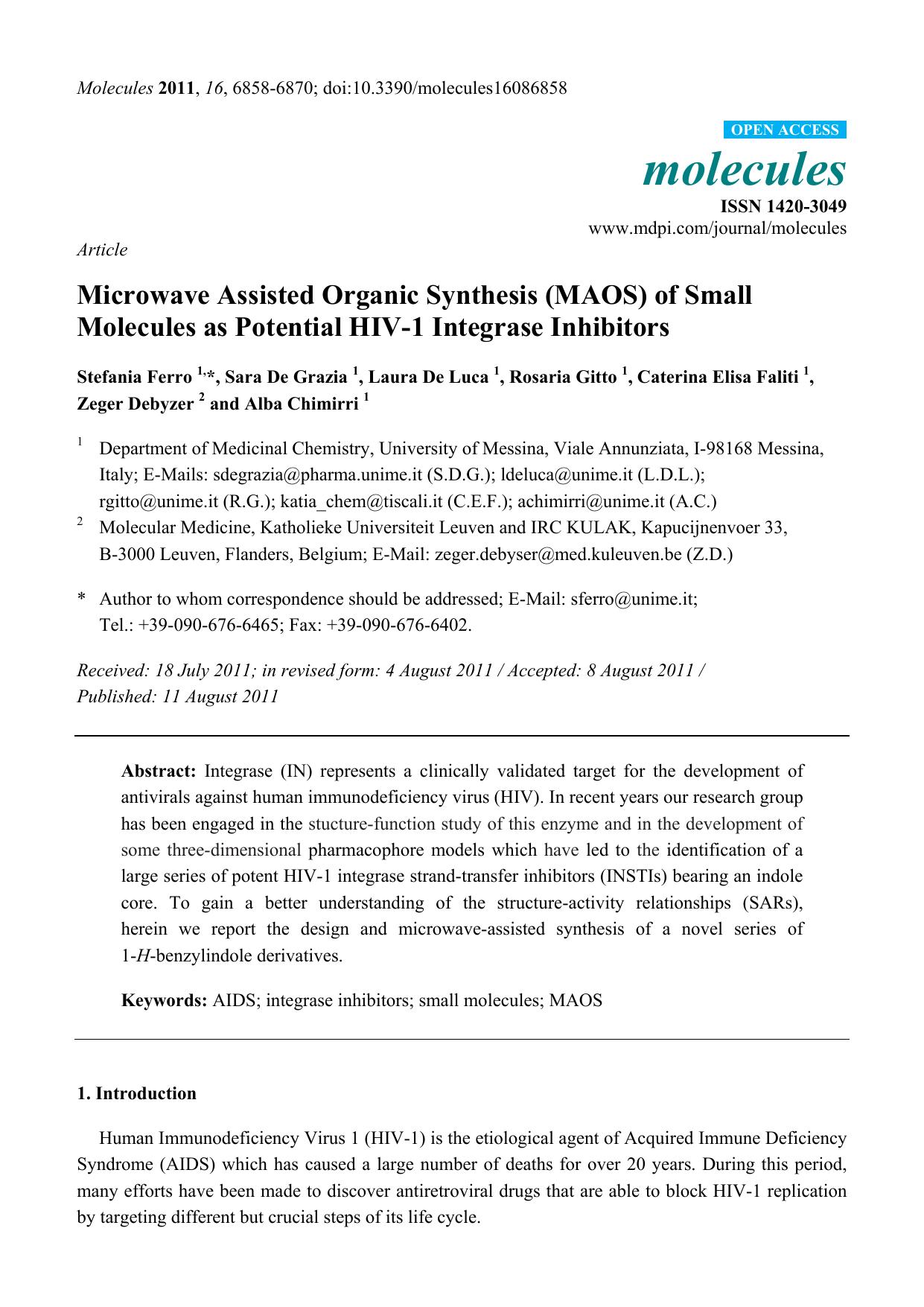 Microwave Assisted Organic Synthesis (MAOS) of Small Molecules as Potential HIV-1 Integrase Inhibitors by unknow