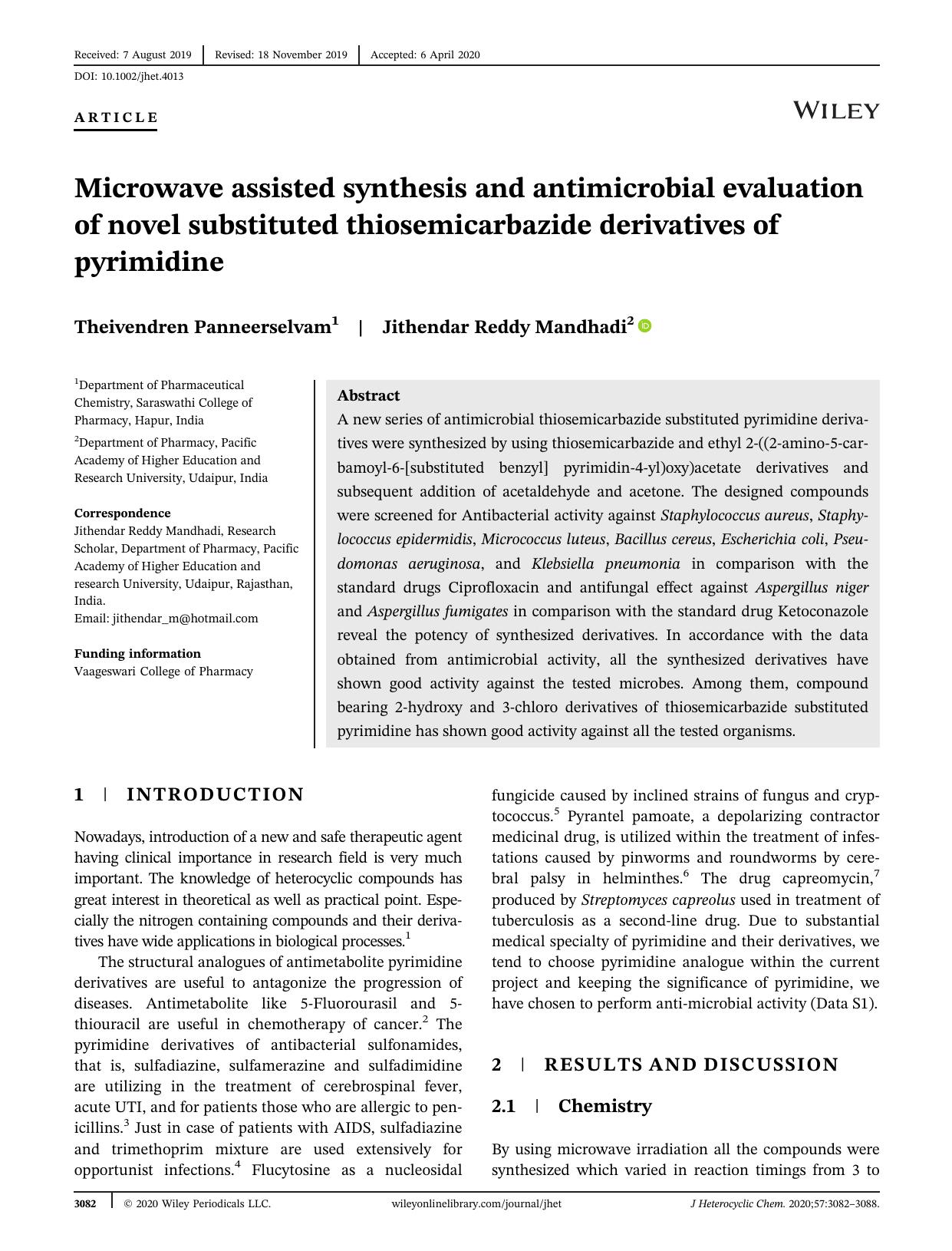 Microwave Assisted Synthesis and Antimicrobial Evaluation of of Novel Substituted Thiosemicarbazide Derivatives of Pyrimidine by Unknown