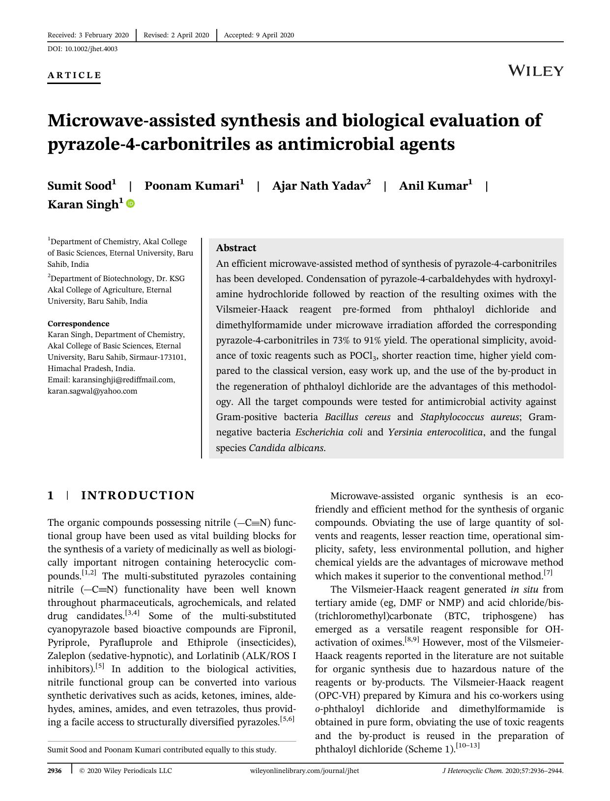 Microwave Assisted Synthesis and Biological Evaluation of Pyrazole-4-carbonitriles as Antimicrobial agents by Unknown