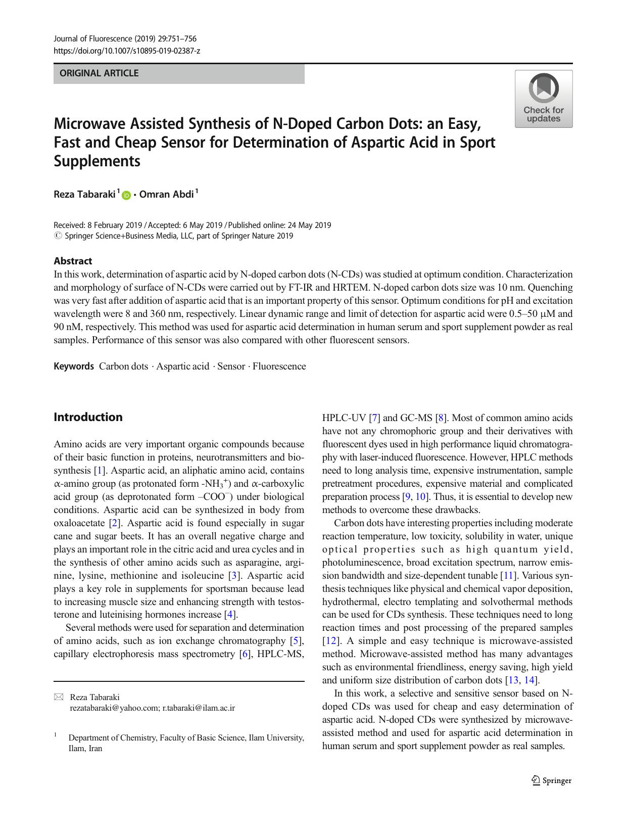 Microwave Assisted Synthesis of N-Doped Carbon Dots: an Easy, Fast and Cheap Sensor for Determination of Aspartic Acid in Sport Supplements by Reza Tabaraki & Omran Abdi