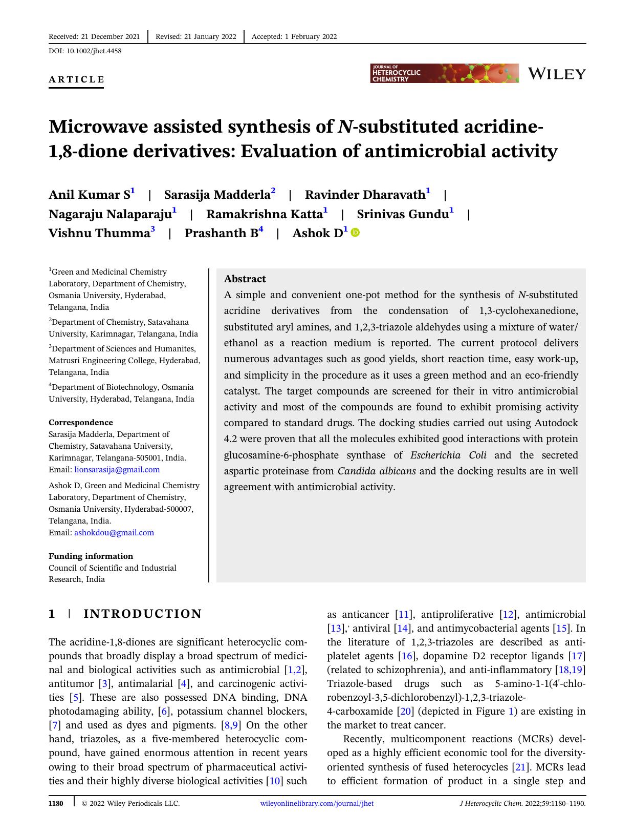 Microwave Assisted Synthesis of N-Substituted Acridine-1,8-dione Derivatives: Evaluation of Antimicrobial Activity by Unknown