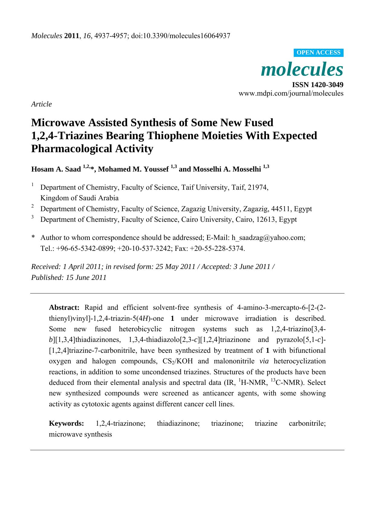 Microwave Assisted Synthesis of Some New Fused 1,2,4-Triazines Bearing Thiophene Moieties With Expected Pharmacological Activity by Hosam A. Saad & Mohamed M. Youssef & Mosselhi A. Mosselhi