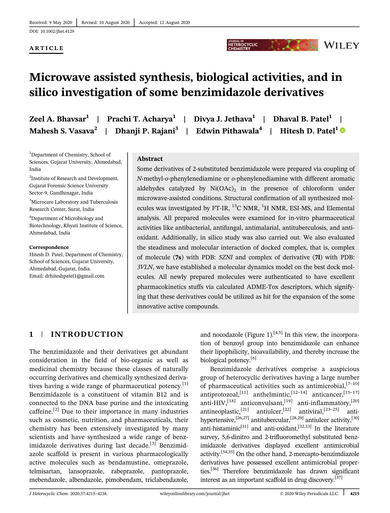 Microwave Assisted Synthesis, Biological activities, and In Silico Investigation of Some Benzimidazole derivatives by Unknown